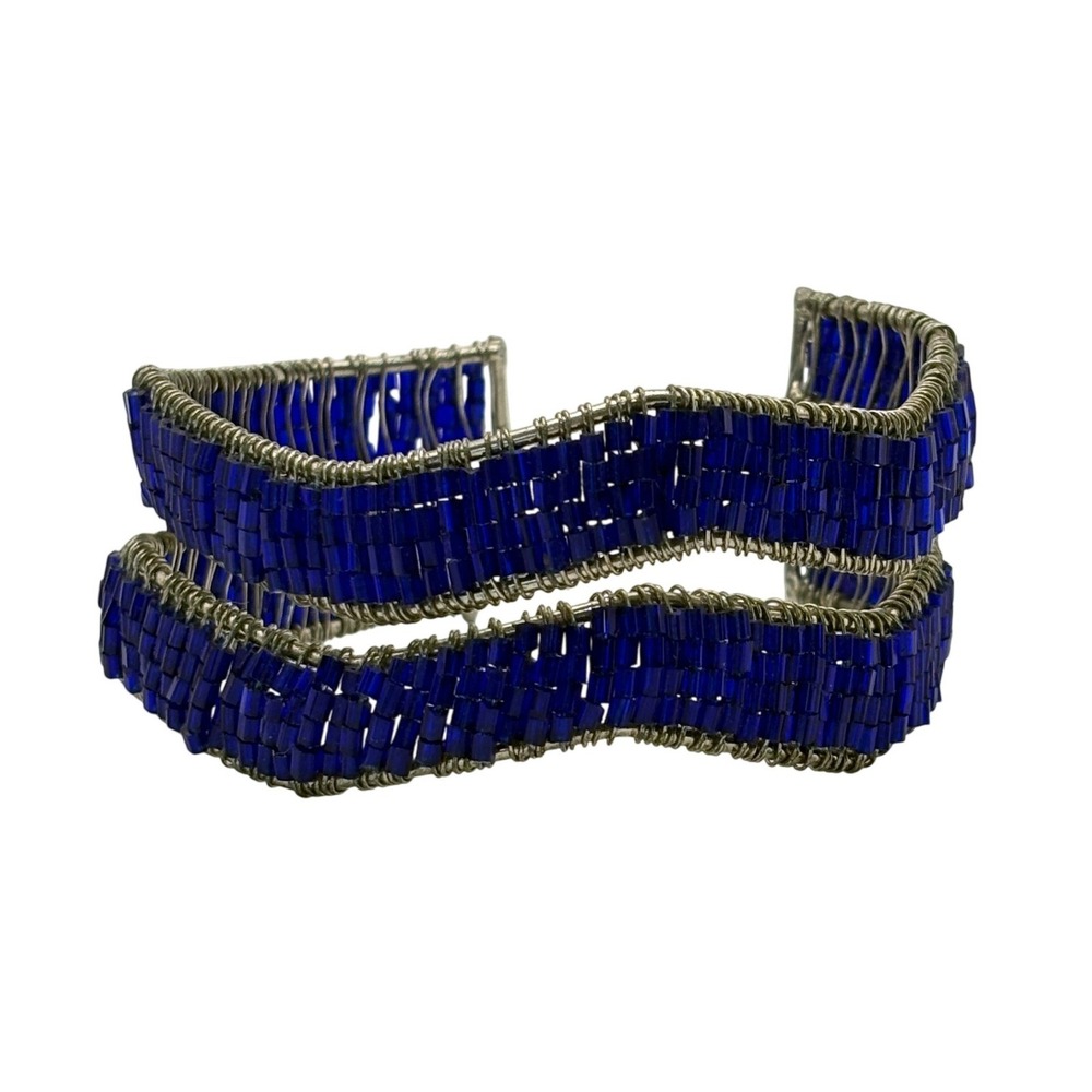 Beaded Cuff Bracelet Womens OS Blue Boho Wire Wrapped Seed Bead Wavy Artisan